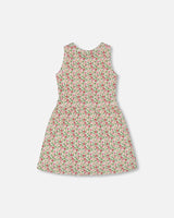 Printed Ribbed Dress With Waist Tie Small Flowers On White Background | Deux par Deux | Jenni Kidz