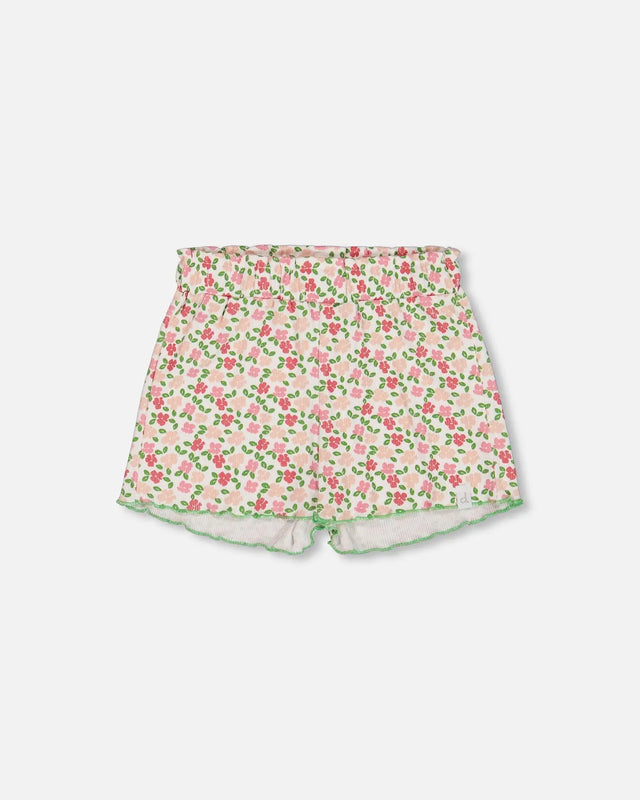 Printed Ribbed Short Small Flowers On White Background | Deux par Deux | Jenni Kidz