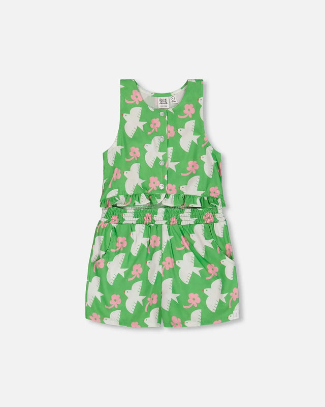 Printed Romper With Frills Green With White And Pink Bird | Deux par Deux | Jenni Kidz