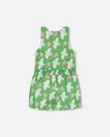 Printed Romper With Frills Green With White And Pink Bird | Deux par Deux | Jenni Kidz