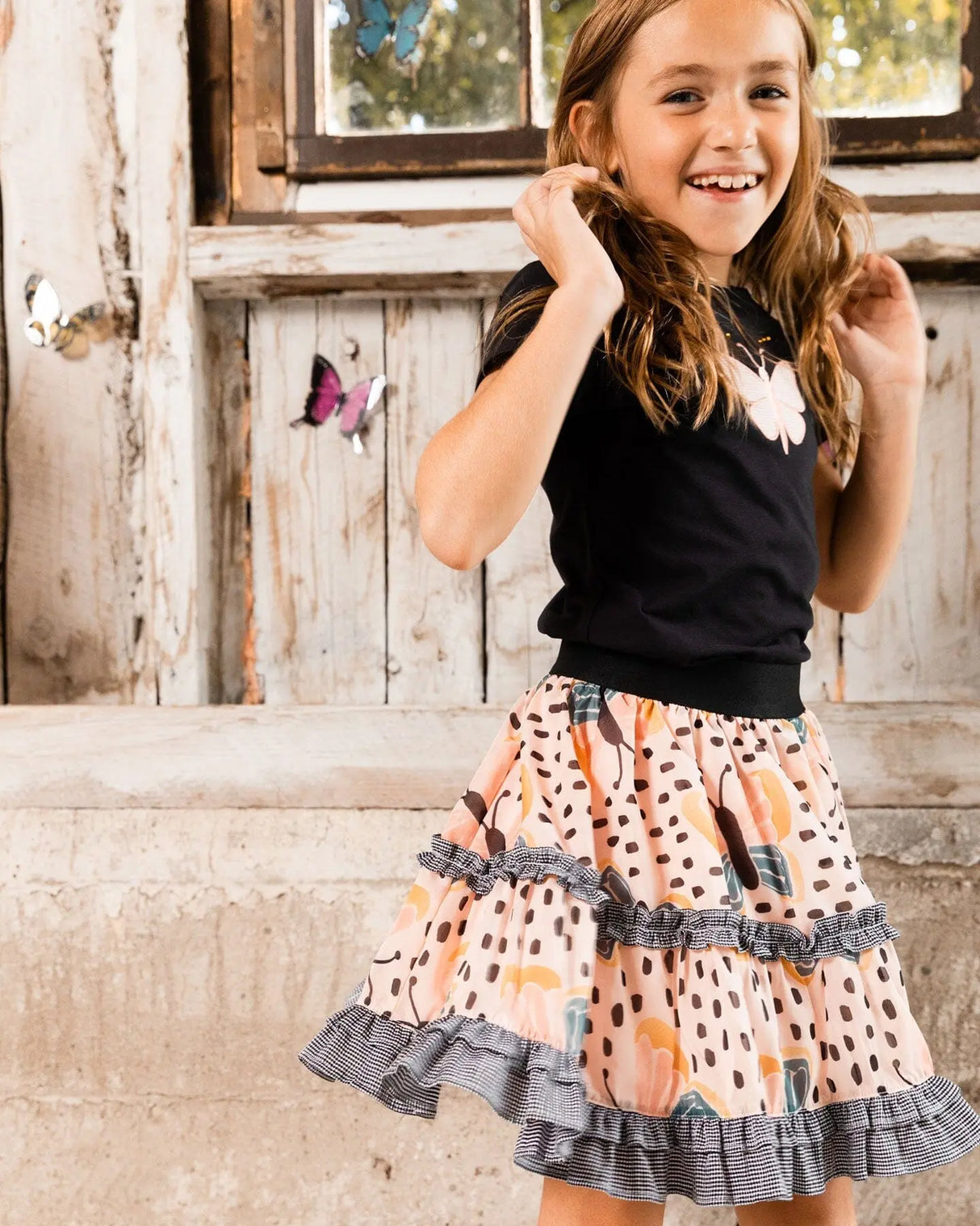 Printed Ruffle Skirt Black And Pink Butterflies | Deux par Deux | Jenni Kidz