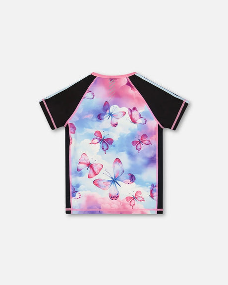 Printed Short Sleeve Athletic Top Pink, Black And Butterfly | Deux par Deux | Jenni Kidz