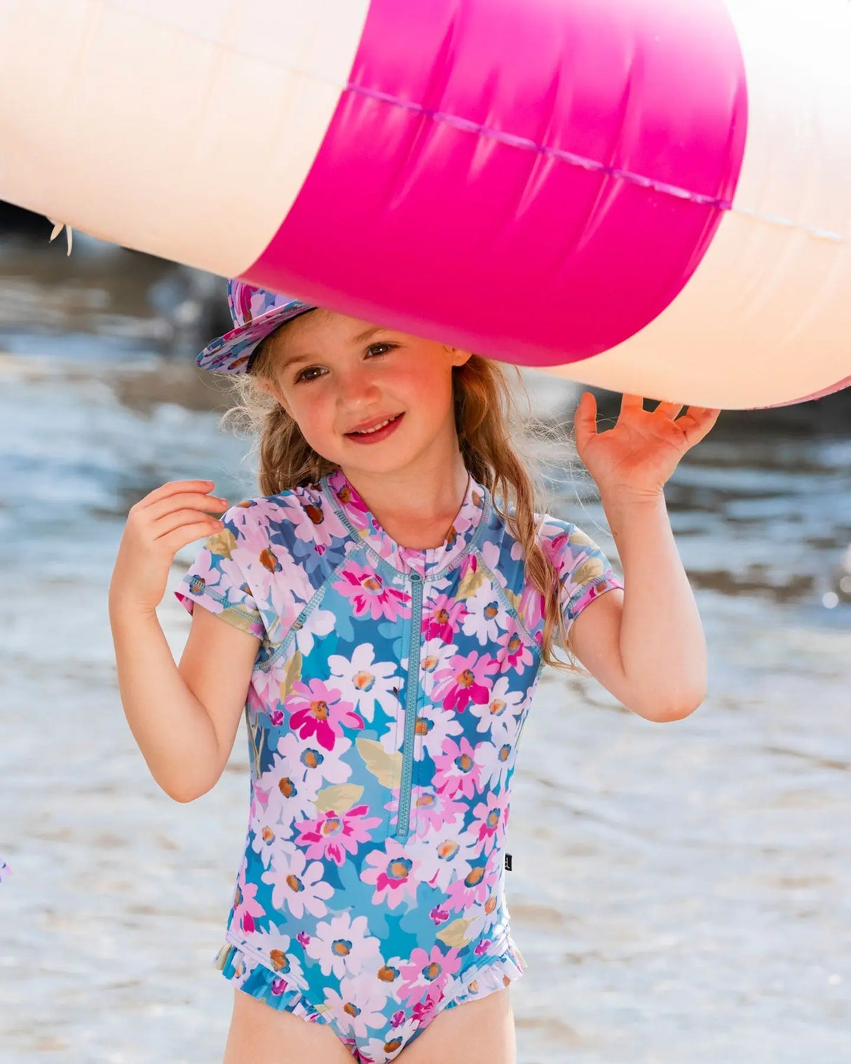 Printed Short Sleeve One-Piece Swimsuit With Frills White, Pink, And Green Flowers | Deux par Deux | Jenni Kidz