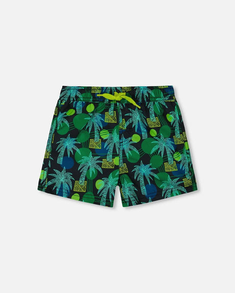 Printed Swim Trunks Green Jungle On Black | Deux par Deux | Jenni Kidz