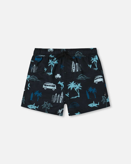 Printed Swim Trunks Light Blue Beach On Black | Deux par Deux | Jenni Kidz