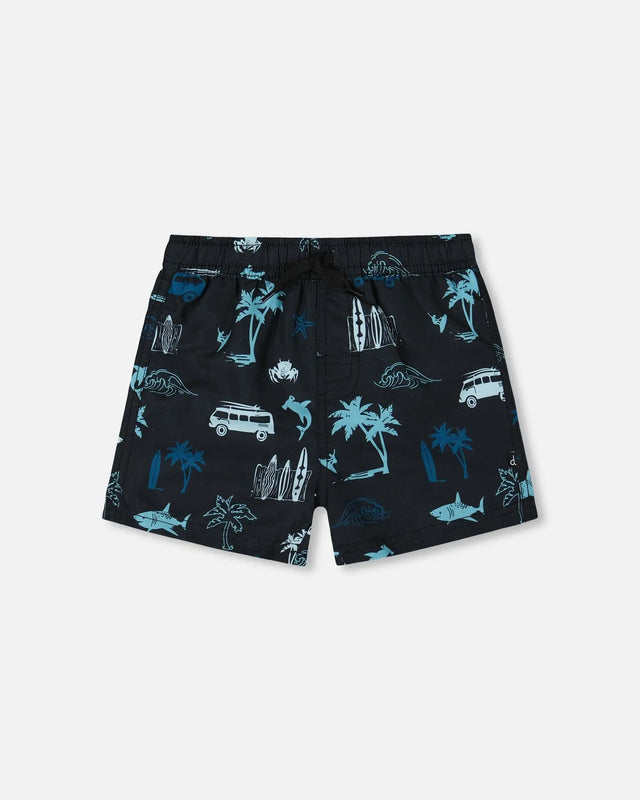 Printed Swim Trunks Light Blue Beach On Black | Deux par Deux | Jenni Kidz