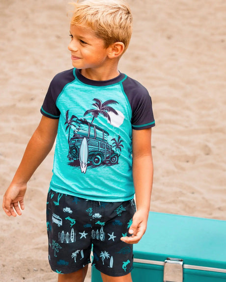 Printed Swim Trunks Light Blue Beach On Black | Deux par Deux | Jenni Kidz