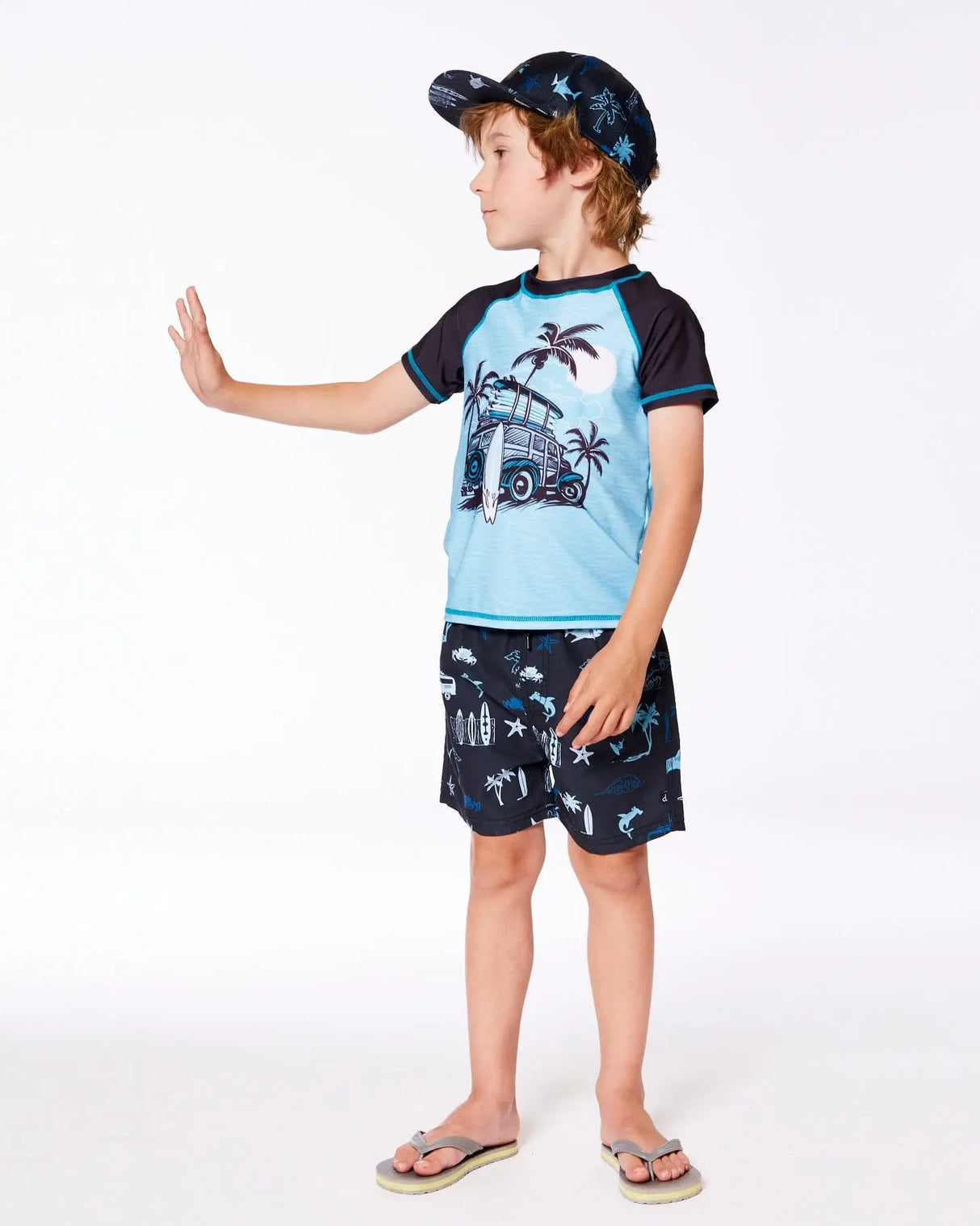 Printed Swim Trunks Light Blue Beach On Black | Deux par Deux | Jenni Kidz