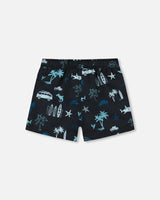 Printed Swim Trunks Light Blue Beach On Black | Deux par Deux | Jenni Kidz