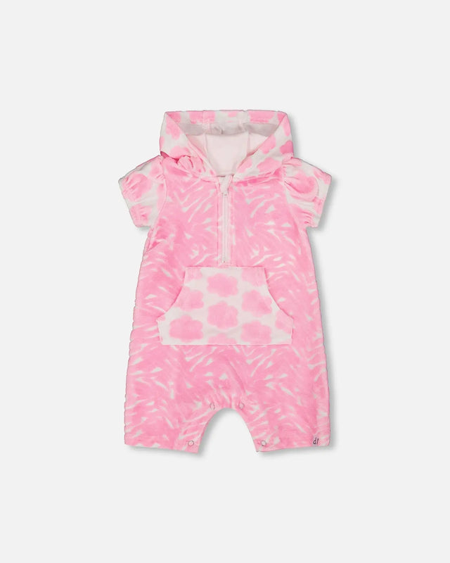 Printed Terry Romper With Hood Vibrant Pink And White | Deux par Deux | Jenni Kidz