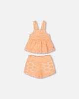 Printed Terry Tank Top And Shorts Set Vibrant Orange And White | Deux par Deux | Jenni Kidz