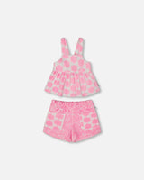 Printed Terry Tank Top And Shorts Set Vibrant Pink And White | Deux par Deux | Jenni Kidz