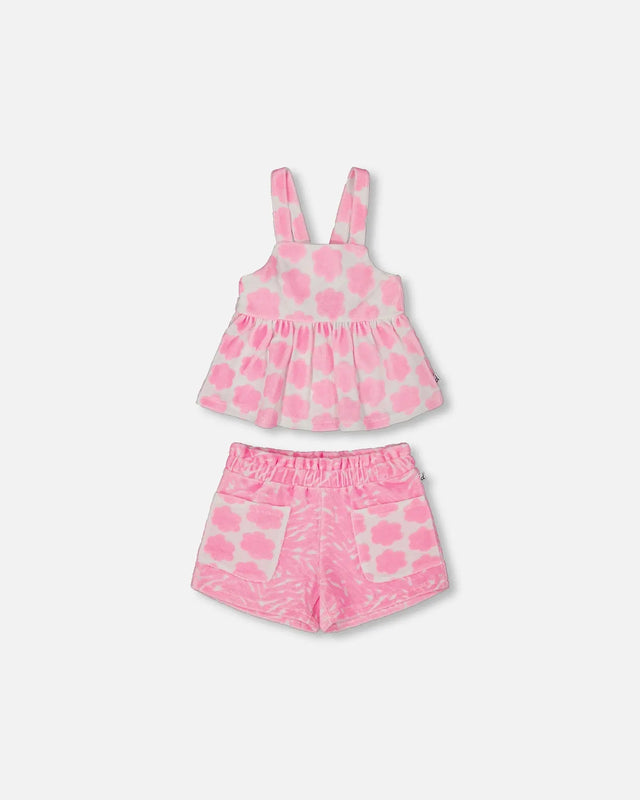 Printed Terry Tank Top And Shorts Set Vibrant Pink And White | Deux par Deux | Jenni Kidz