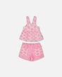 Printed Terry Tank Top And Shorts Set Vibrant Pink And White | Deux par Deux | Jenni Kidz