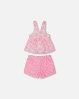 Printed Terry Tank Top And Shorts Set Vibrant Pink And White | Deux par Deux | Jenni Kidz