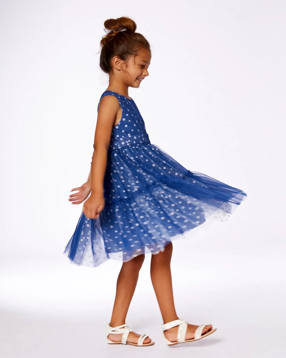 Printed Tiered Dress Blue With Daisy Print | Deux par Deux | Jenni Kidz