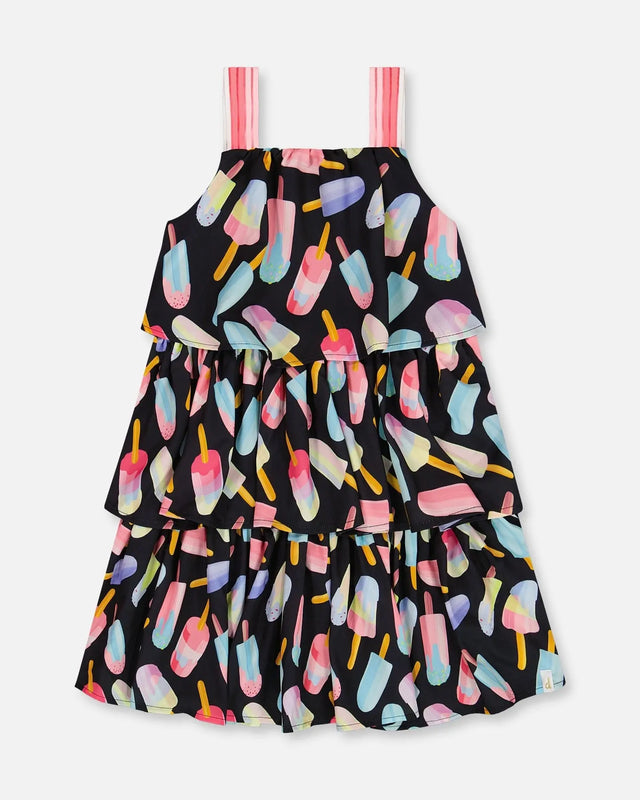 Printed Tiered Dress Ice Lollipops And Black | Deux par Deux | Jenni Kidz