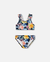 Printed Two-Piece Swimsuit Navy And Yellow And Pink Flowers | Deux par Deux | Jenni Kidz