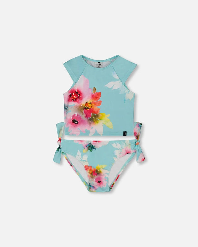 Printed Two-Piece Swimsuit Turquoise And Pink Flowers | Deux par Deux | Jenni Kidz