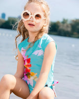 Printed Two-Piece Swimsuit Turquoise And Pink Flowers | Deux par Deux | Jenni Kidz