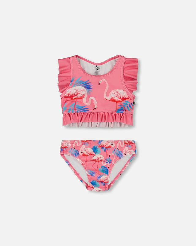 Printed Two-Piece Swimsuit With Frills Candy Pink And Pink Flamingo | Deux par Deux | Jenni Kidz