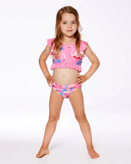 Printed Two-Piece Swimsuit With Frills Candy Pink And Pink Flamingo | Deux par Deux | Jenni Kidz