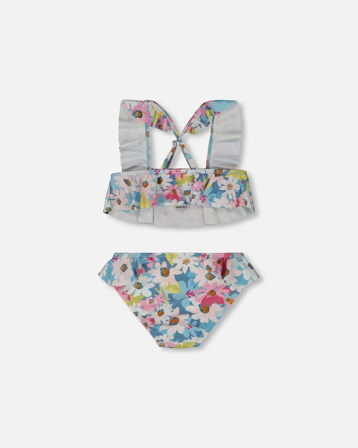 Printed Two-Piece Swimsuit With Frills White, Pink, And Green Flowers | Deux par Deux | Jenni Kidz