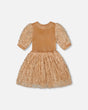 Puff Sleeve Bi-Material Velour And Lace Dress Light Caramel | Deux par Deux | Jenni Kidz