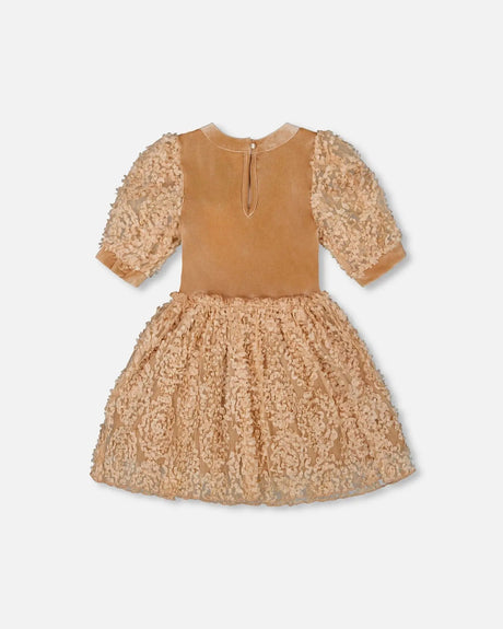 Puff Sleeve Bi-Material Velour And Lace Dress Light Caramel | Deux par Deux | Jenni Kidz