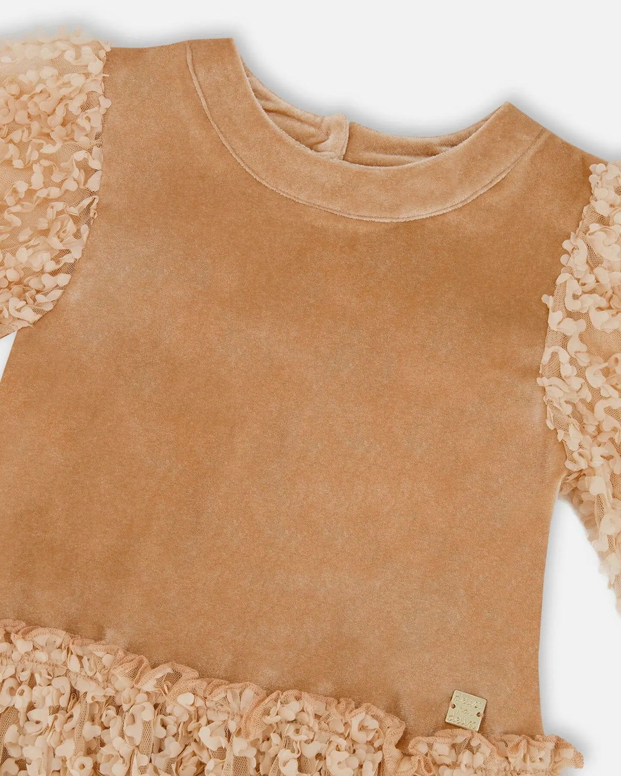 Puff Sleeve Bi-Material Velour And Lace Dress Light Caramel | Deux par Deux | Jenni Kidz