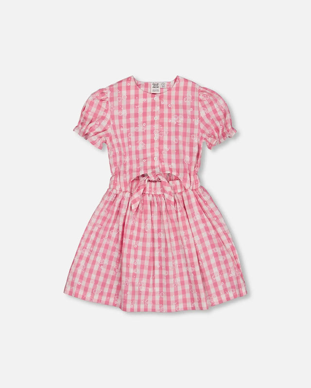 Puff Sleeve Dress With Waist Tie Pink And White Checks | Deux par Deux | Jenni Kidz