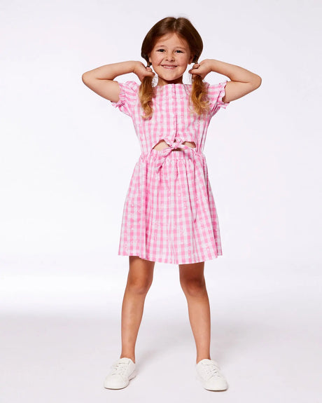 Puff Sleeve Dress With Waist Tie Pink And White Checks | Deux par Deux | Jenni Kidz