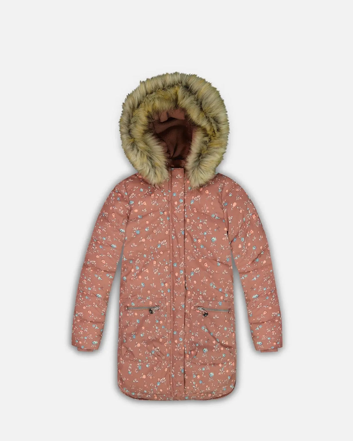 Puffy Long Coat Dusty Pink With Small Flowers | Deux par Deux | Jenni Kidz