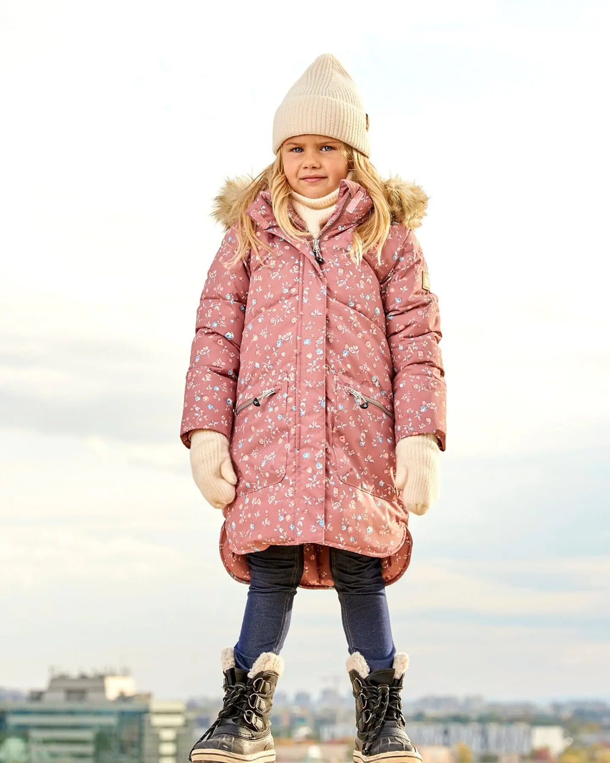 Puffy Long Coat Dusty Pink With Small Flowers | Deux par Deux | Jenni Kidz