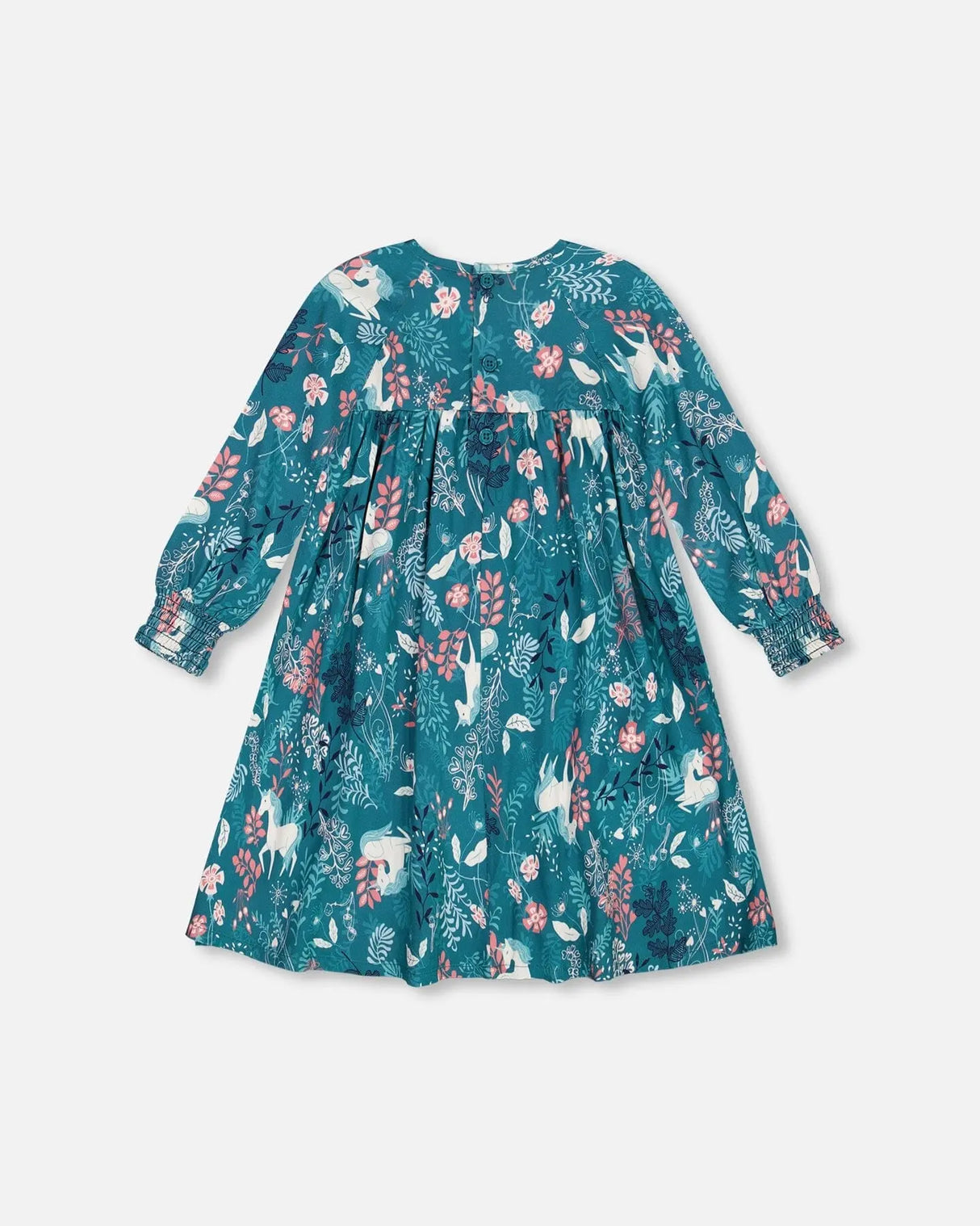 Puffy Long Sleeve Viscose Dress Turquoise Printed Fairy Unicorn | Deux par Deux | Jenni Kidz