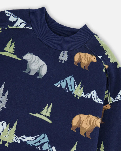 Pullover Fleece Sweatshirt Navy Animal Print | Deux par Deux | Jenni Kidz