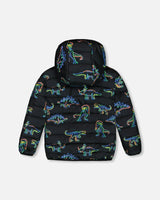 Quilted Jacket Black Printed Neon Dino | Deux par Deux | Jenni Kidz