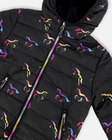 Quilted Mid-Season Jacket Black Printed Multicolor Unicorns | Deux par Deux | Jenni Kidz