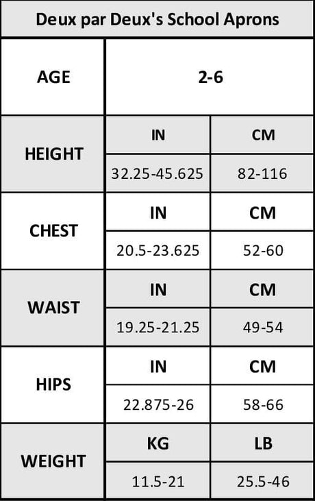 Deux par Deux school apron size chart for ages 2 to 6