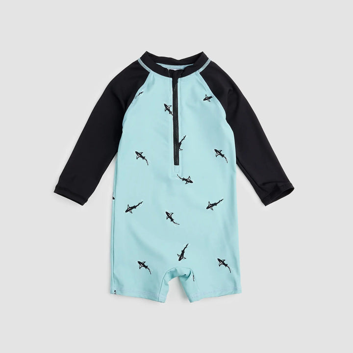 Sharks Print On Aqua Swim Romper | Miles The Label