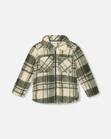 Sherpa Long Sleeve Zip Front Overshirt Sage And Beige Plaid | Deux par Deux | Jenni Kidz