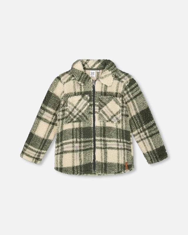Sherpa Long Sleeve Zip Front Overshirt Sage And Beige Plaid | Deux par Deux | Jenni Kidz