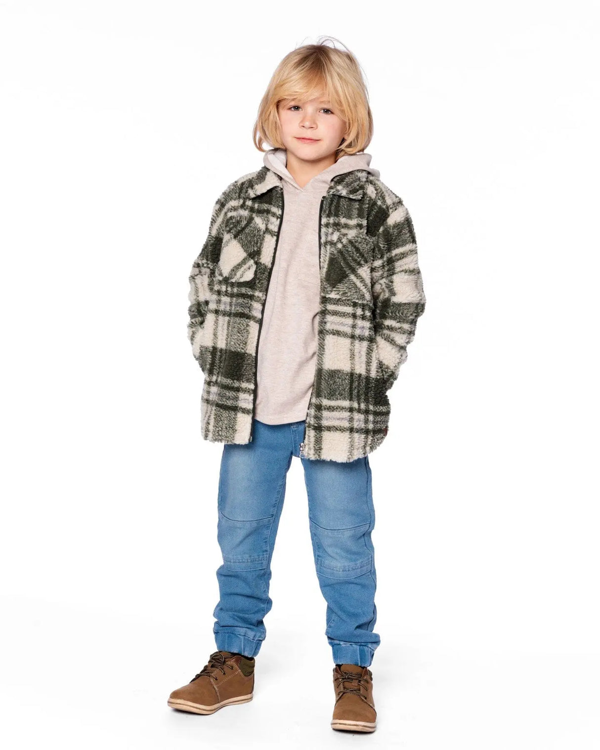 Sherpa Long Sleeve Zip Front Overshirt Sage And Beige Plaid | Deux par Deux | Jenni Kidz