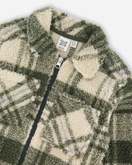 Sherpa Long Sleeve Zip Front Overshirt Sage And Beige Plaid | Deux par Deux | Jenni Kidz