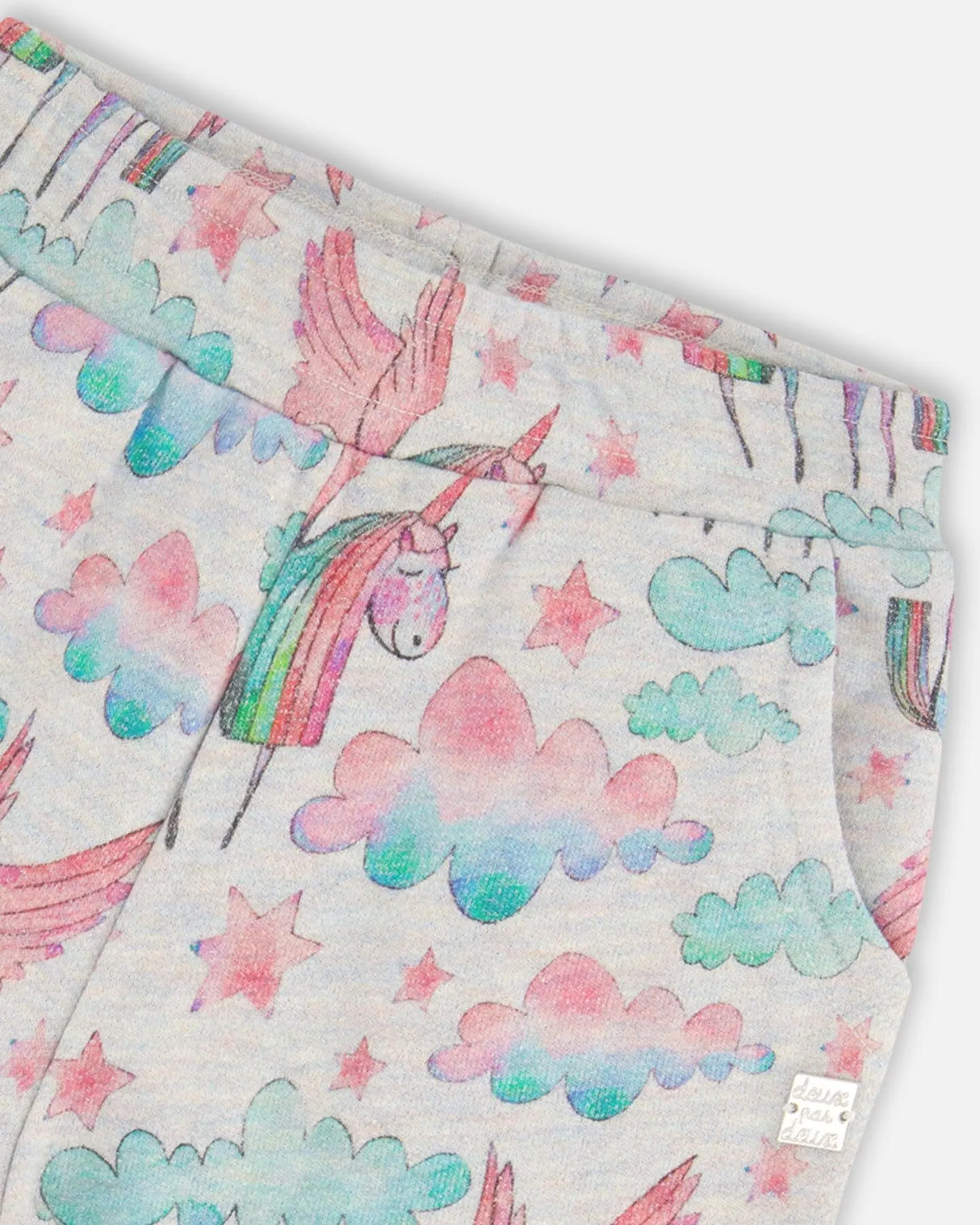 Shiny French Terry Sweatpants Gray Mix Printed Unicorn | Deux par Deux | Jenni Kidz