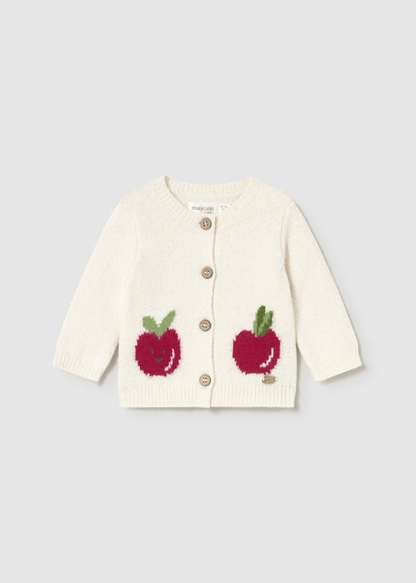 Shop Mayoral newborn girl knit cardigan with fruit embroidery in cream color – front view