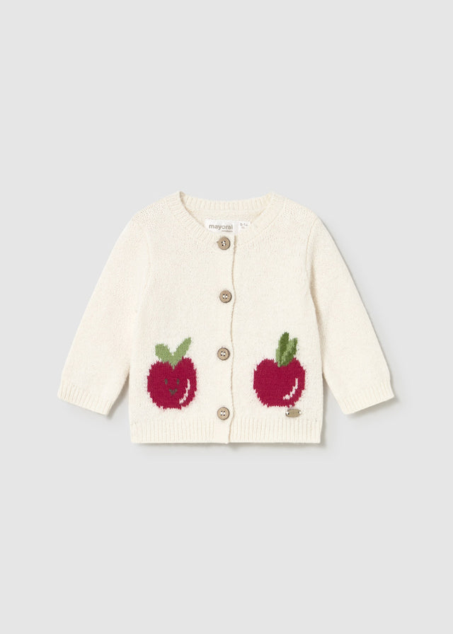 Shop Mayoral newborn girl knit cardigan with fruit embroidery in cream color – front view