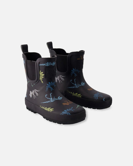 Short Rain Boots Black Printed Dinos Skeletons | Deux par Deux | Jenni Kidz