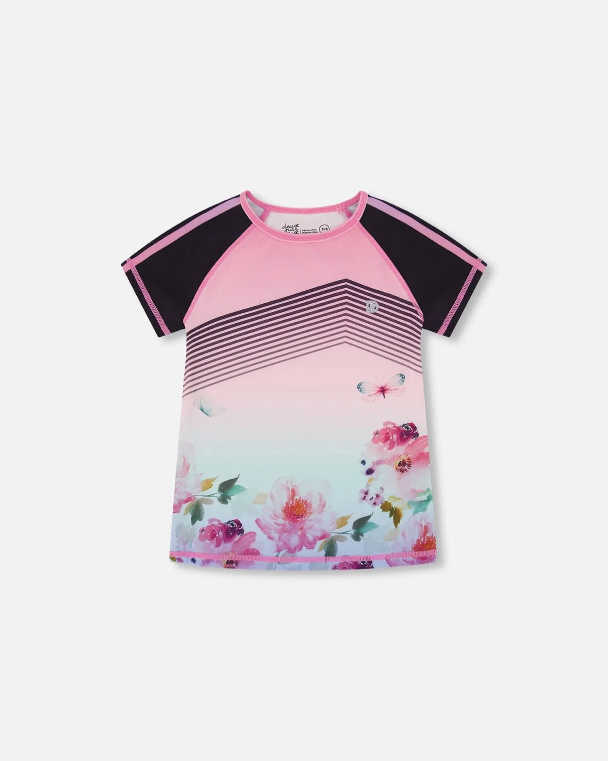 Short Sleeve Athletic Top Gradient Pink Printed Big Flowers | Deux par Deux | Jenni Kidz