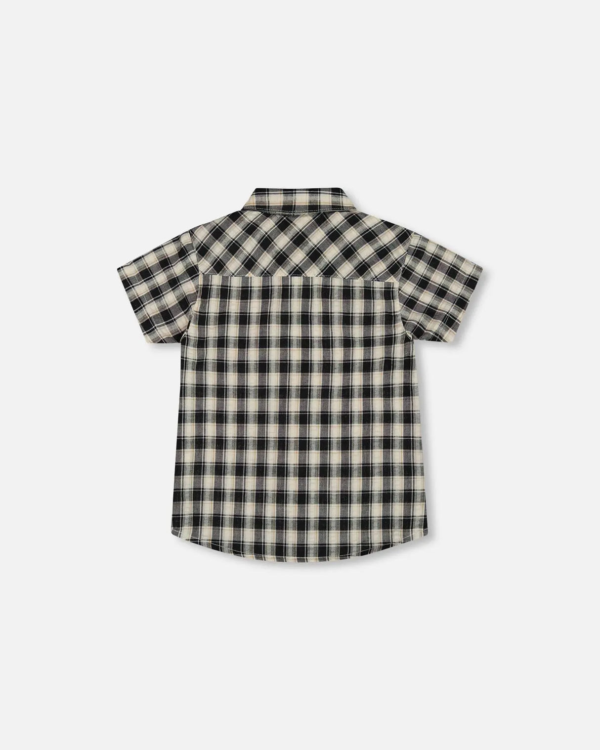 Short Sleeve Button Down Shirt Black And Beige Plaid | Deux par Deux | Jenni Kidz